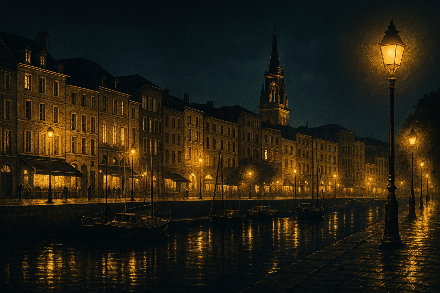 Quais de La Rochelle de nuit, perspectives et reflets sur l’eau